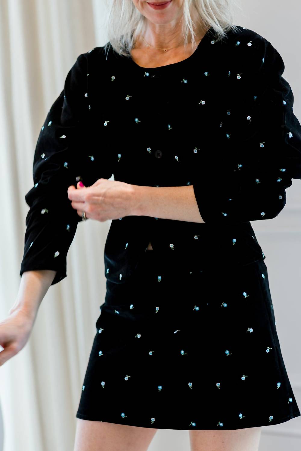 Marlies Grace Jackie Long Sleeve Top in black velvet embroidery - women's blouse - detail view