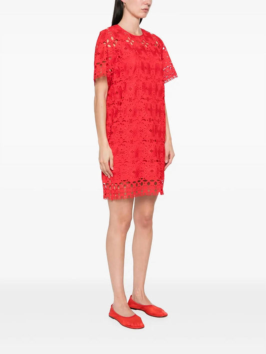 Suncoo - Short Sleeve Cerise Lace Dress