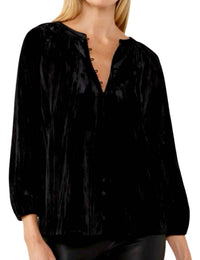 Lovestitch - Velvet Button Front V Neck Blouse