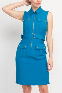 Sharagano - Belted Zip Front Dress With Pockets