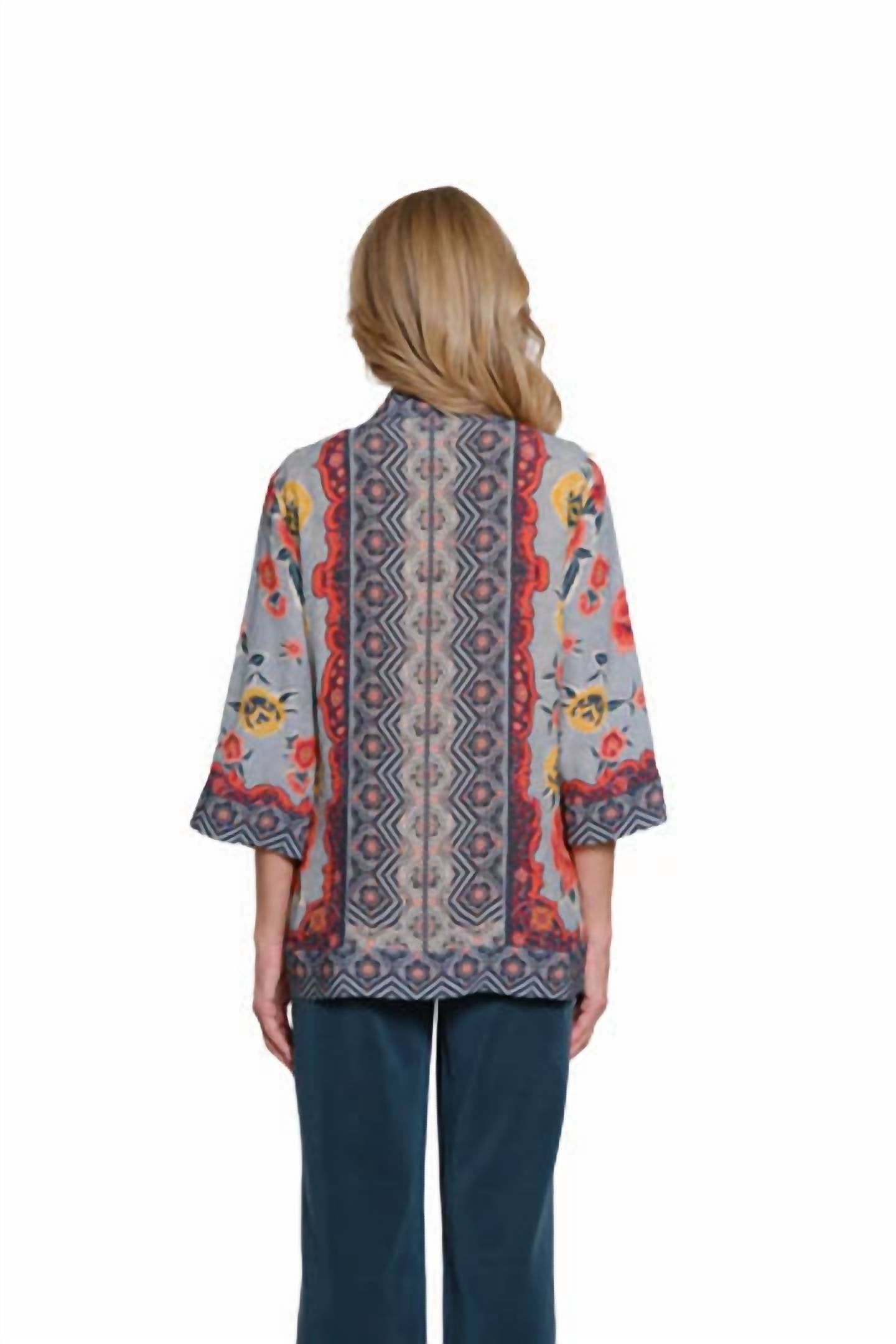 Multiples 3/4 Sleeve Banded Open Front Jacket in multi - women's jacket - detail view