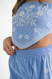 Mable - Linen Mix Embroidered Scarf Top And Pants Set