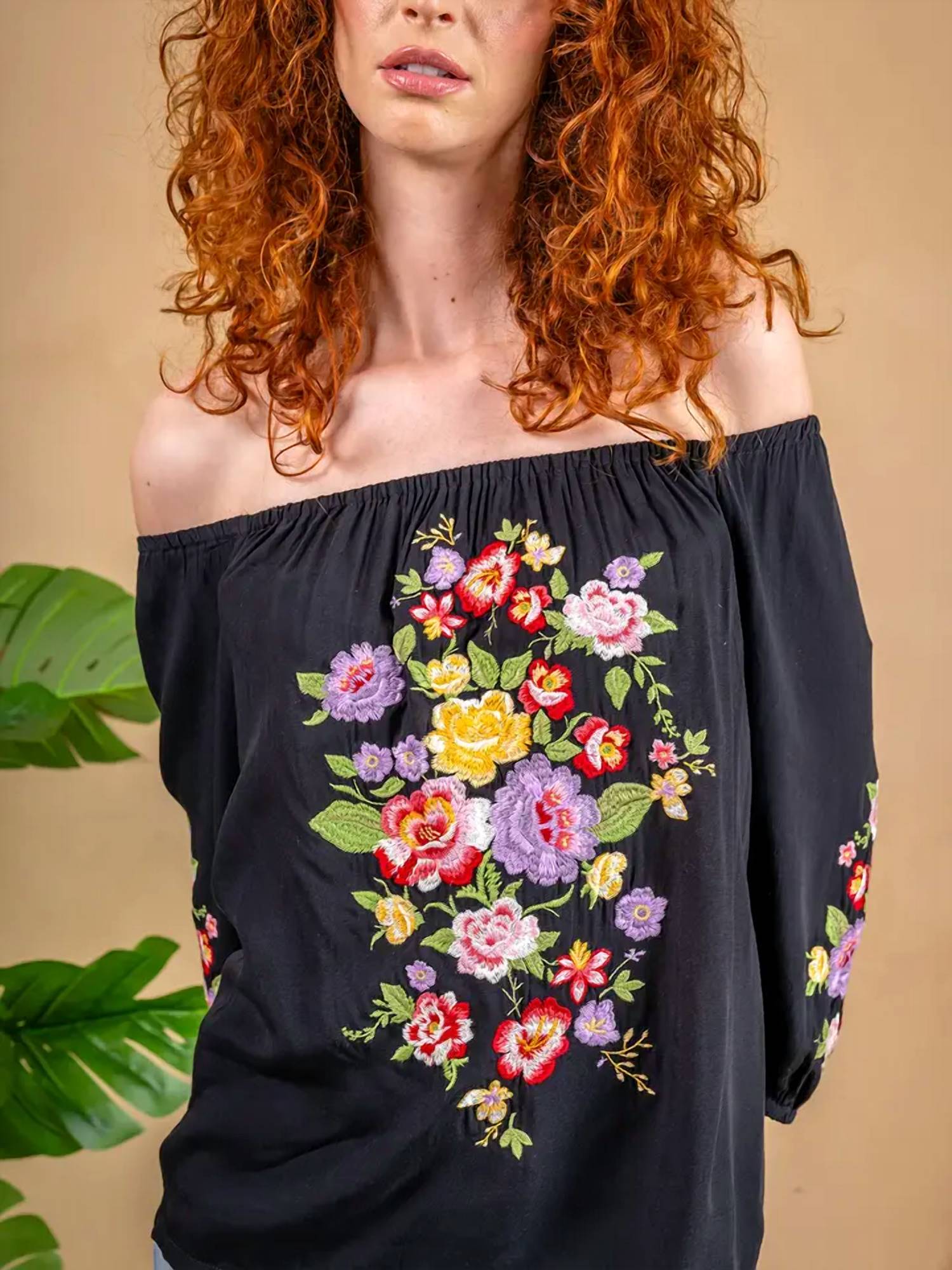 Paparazzi - Viscose Embroidered Off-Shoulder Pull-Over Shirt