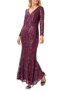 Adrianna Papell - V-neck Long Sleeve Mermaid Sequined Mesh Knit Gown