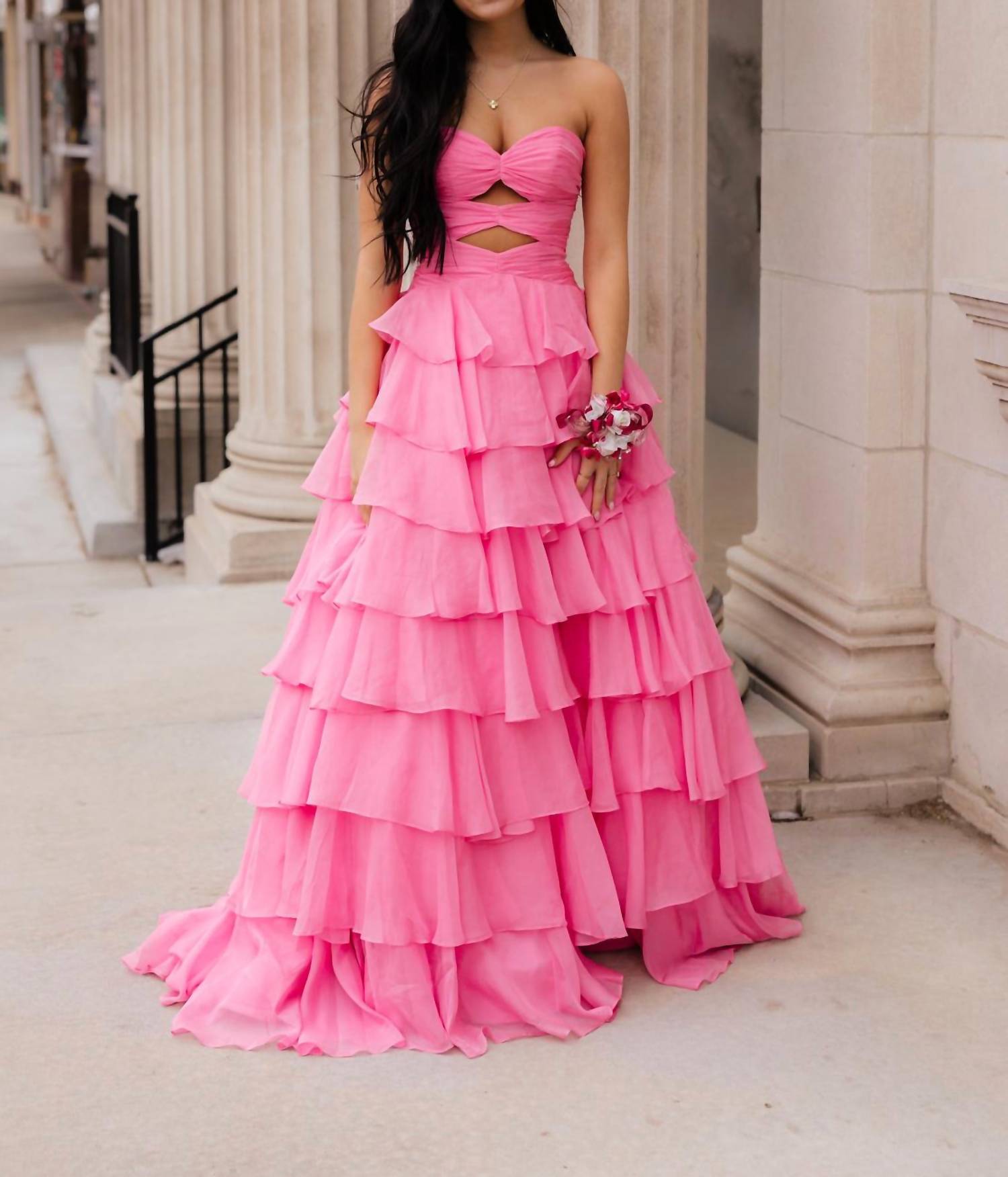 AMARRA Strapless Fun Tiered Skirt Prom Dress in bright pink - women's dress