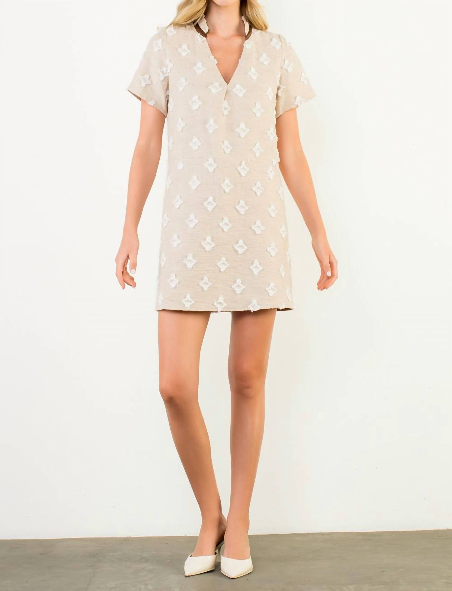 THML Short Sleeve Detailed Dress in beige - women's dress