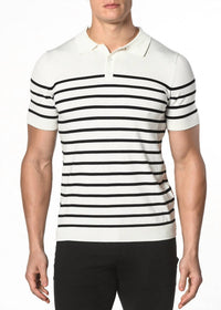 Postmarc Button Stripe Knit Polo Top in navy - men's shirt