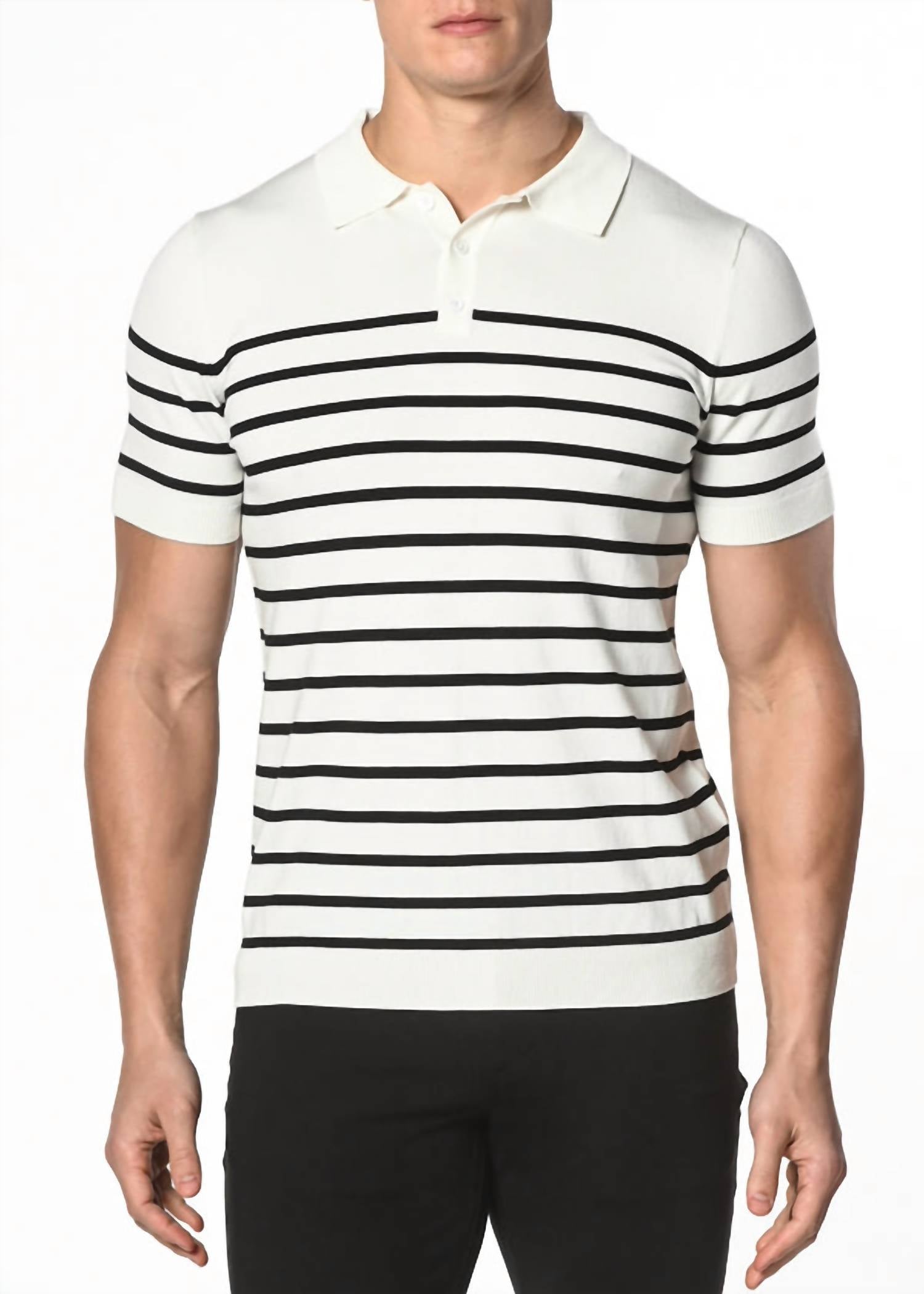 Postmarc Button Stripe Knit Polo Top in navy - men's shirt