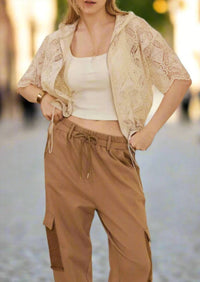 Mello - Zip Up Crocheted Laced Short Sleeve Top With Hood