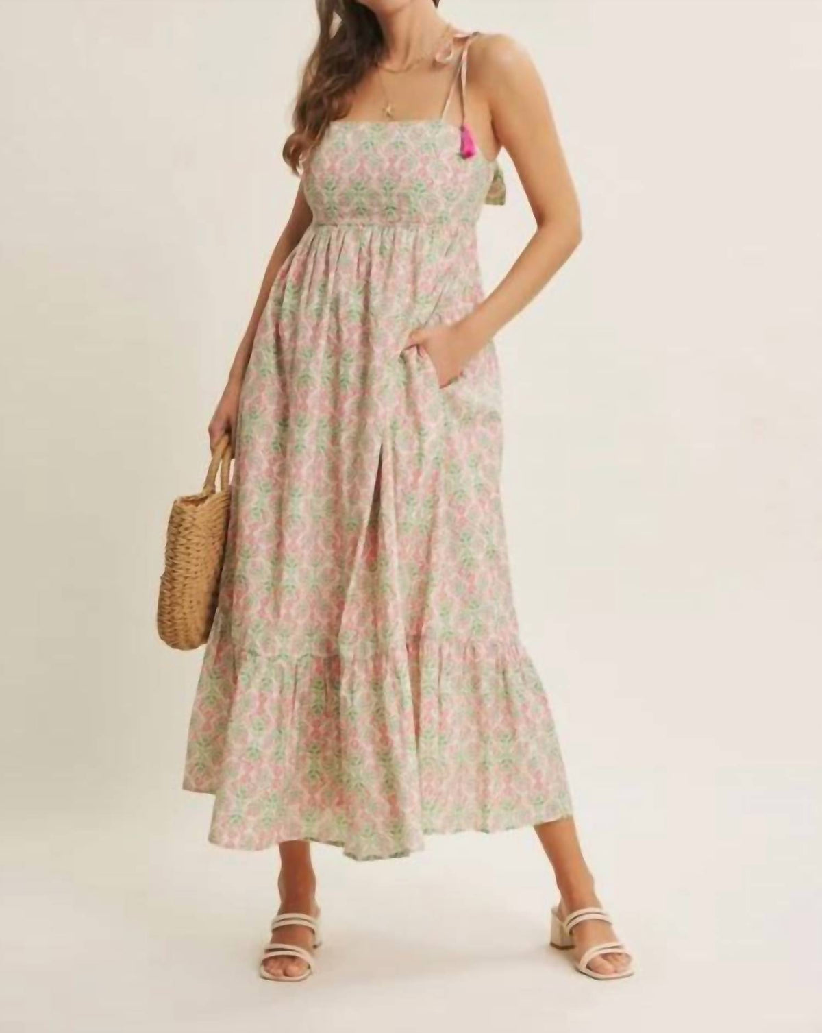 In February - Garden Floral Open-back With Bow Cotton Midi Dress
