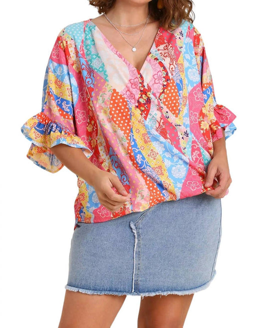 Umgee - Mixed Print Top With Ruffle Sleeves Plus Size