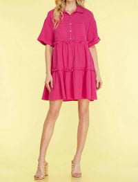 SHE + SKY HALF SLEEVE BUTTON DOWN COLLARED TIERED GAUZE DRESS in hot pink - women's dress