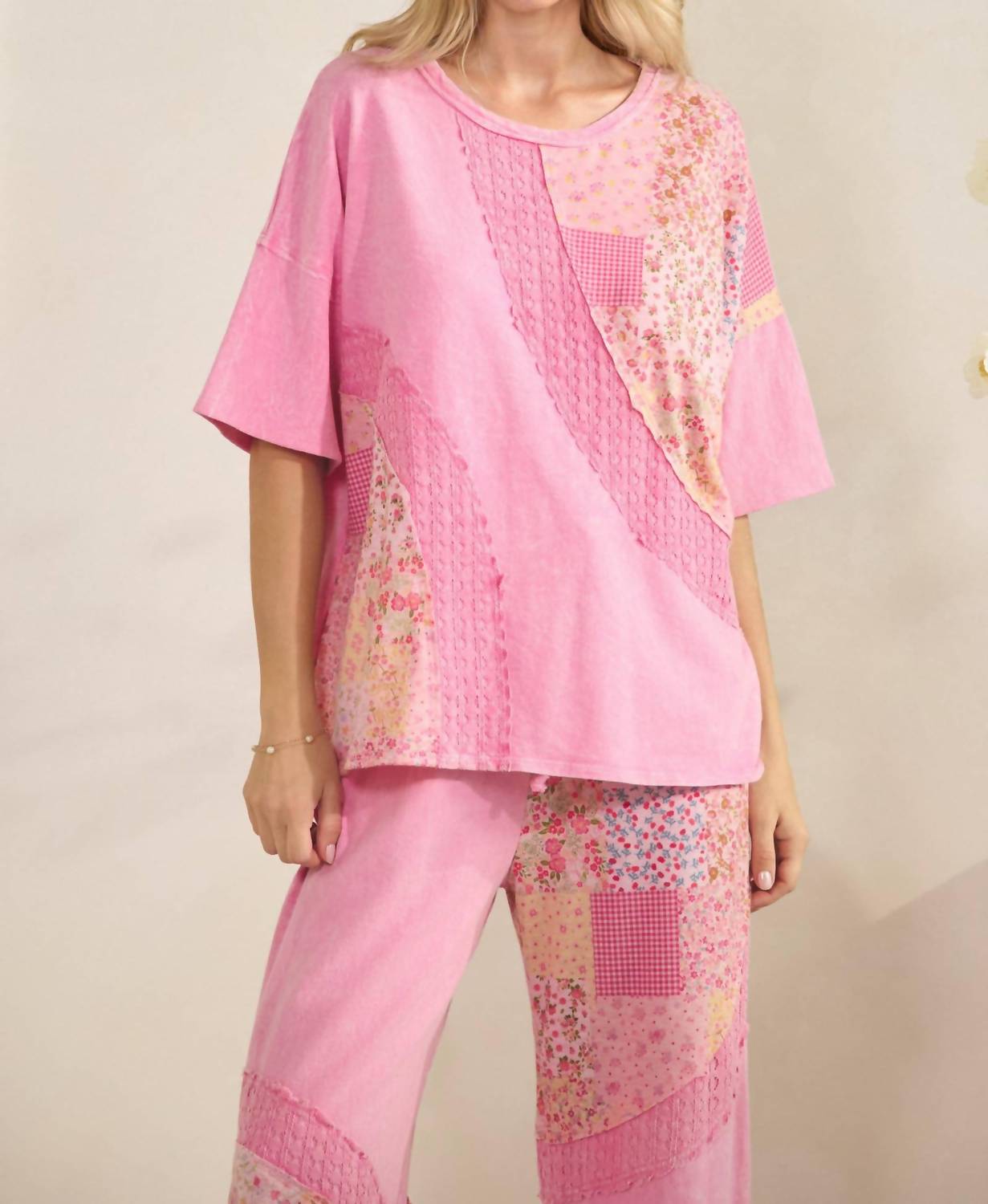 J.Her - Mineral Washed Spring Picnic Print Lace Blouse Top