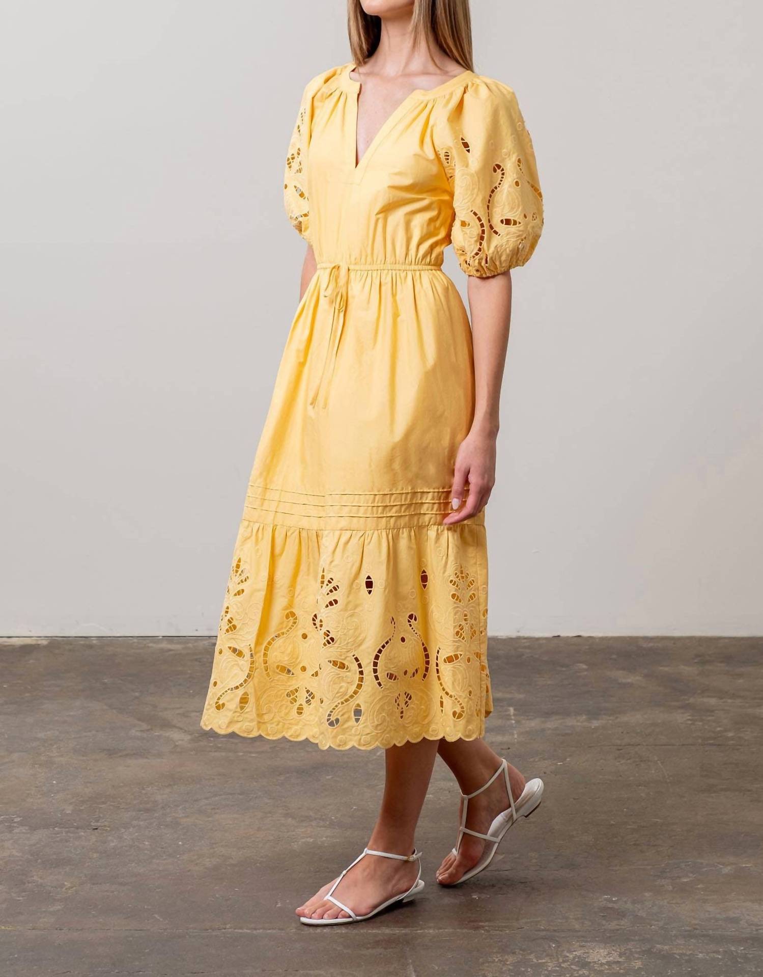MOON RIVER Eyelet Midi Dress in light yellow - women's dress - detail view