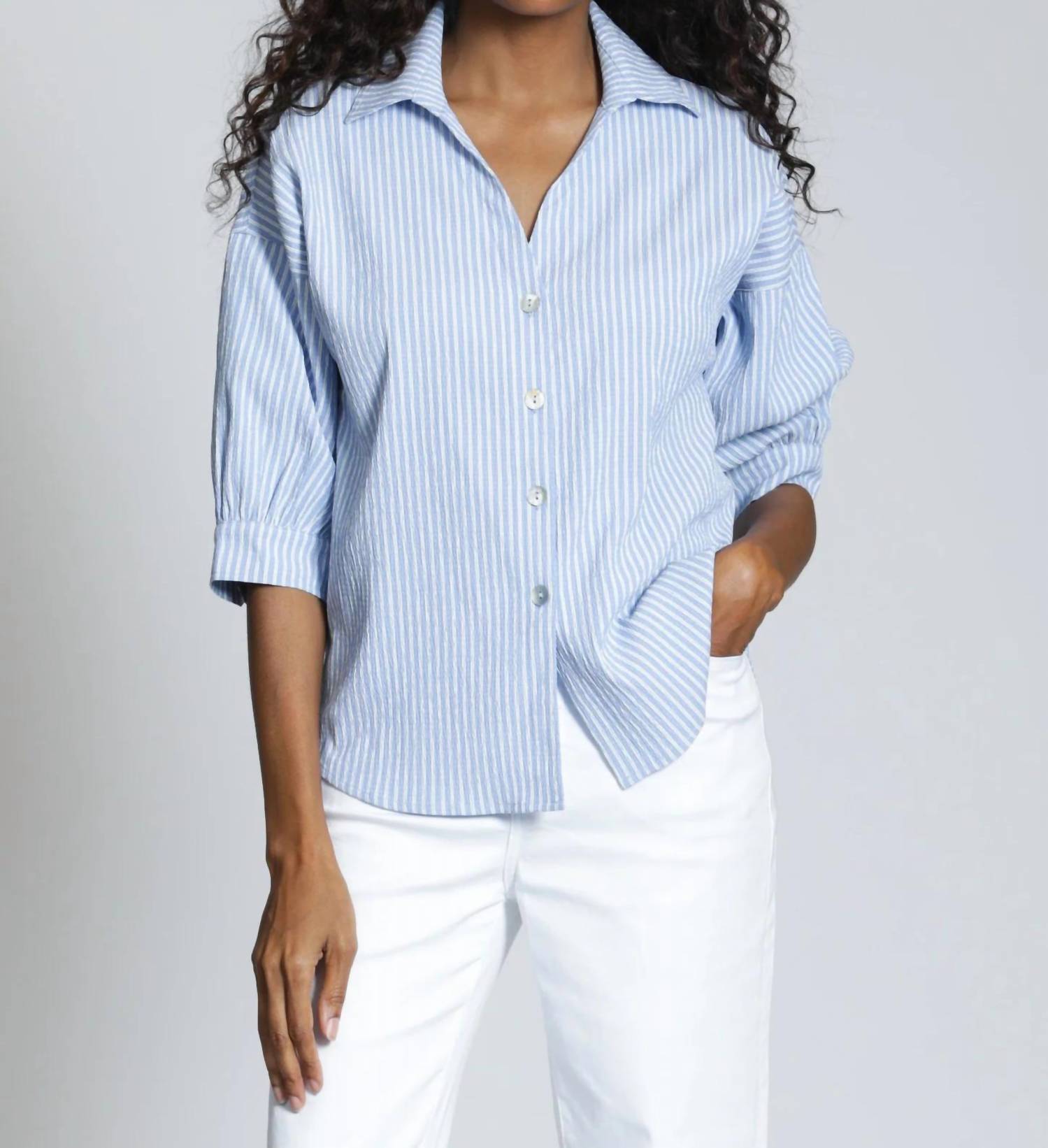 Apny - Stripe Shirt With Blouson Sleeve