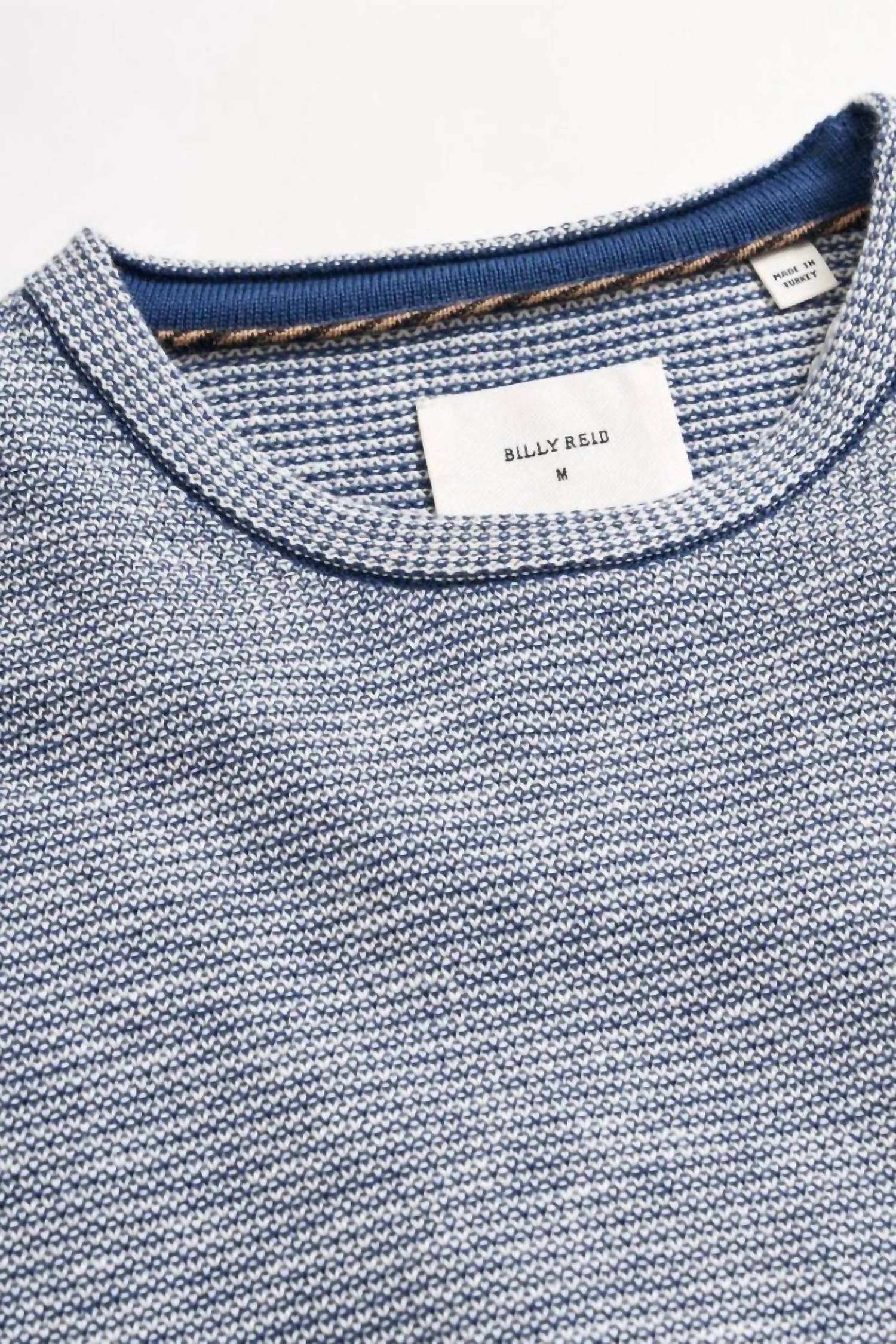 Billy Reid Men's Tuck Stripe Crew Tee in dark denim - women's long sleeve top - detail view
