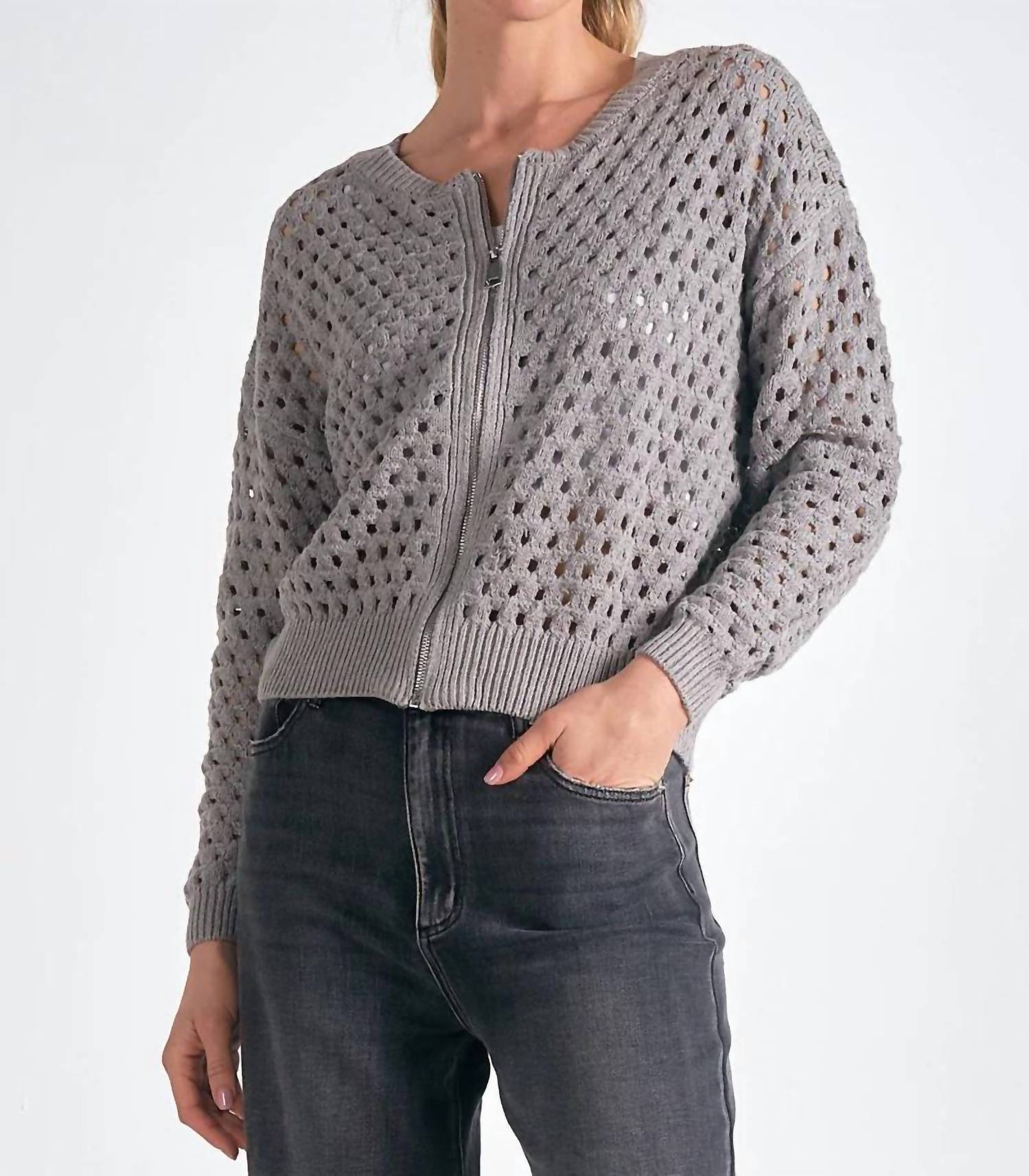 ELAN Aster Crochet Detailing Cardigan in light grey - women's cardigan