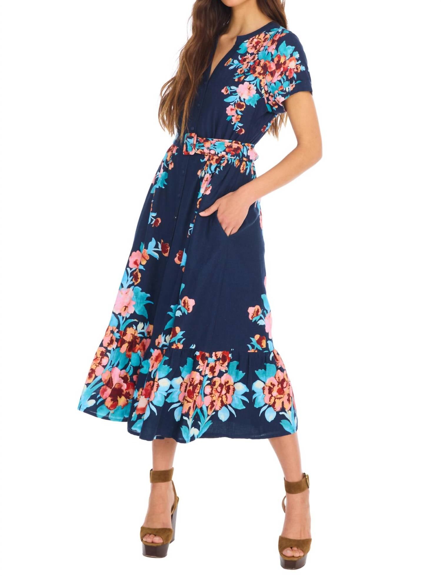 ALLISON NEW YORK Lizzy Midi Dress in navy floral - women's dress - detail view