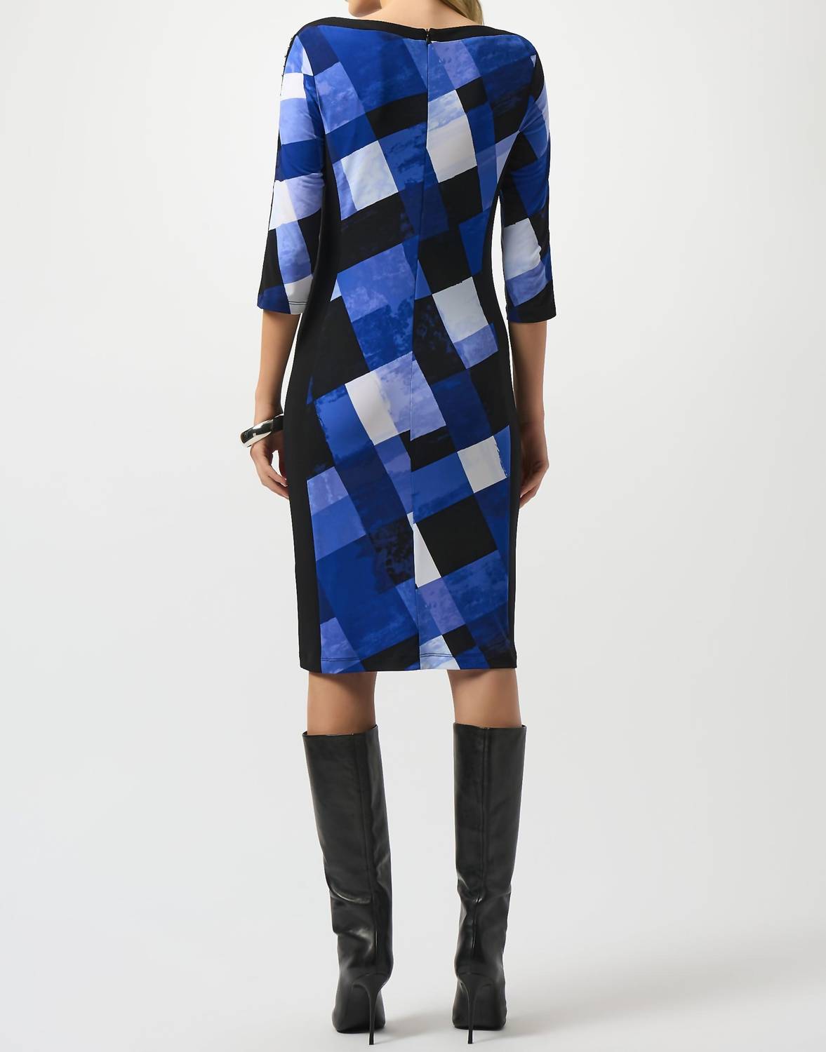 Joseph Ribkoff Women's Matte Jersey Straight Dress in blue white black - women's dress - detail view