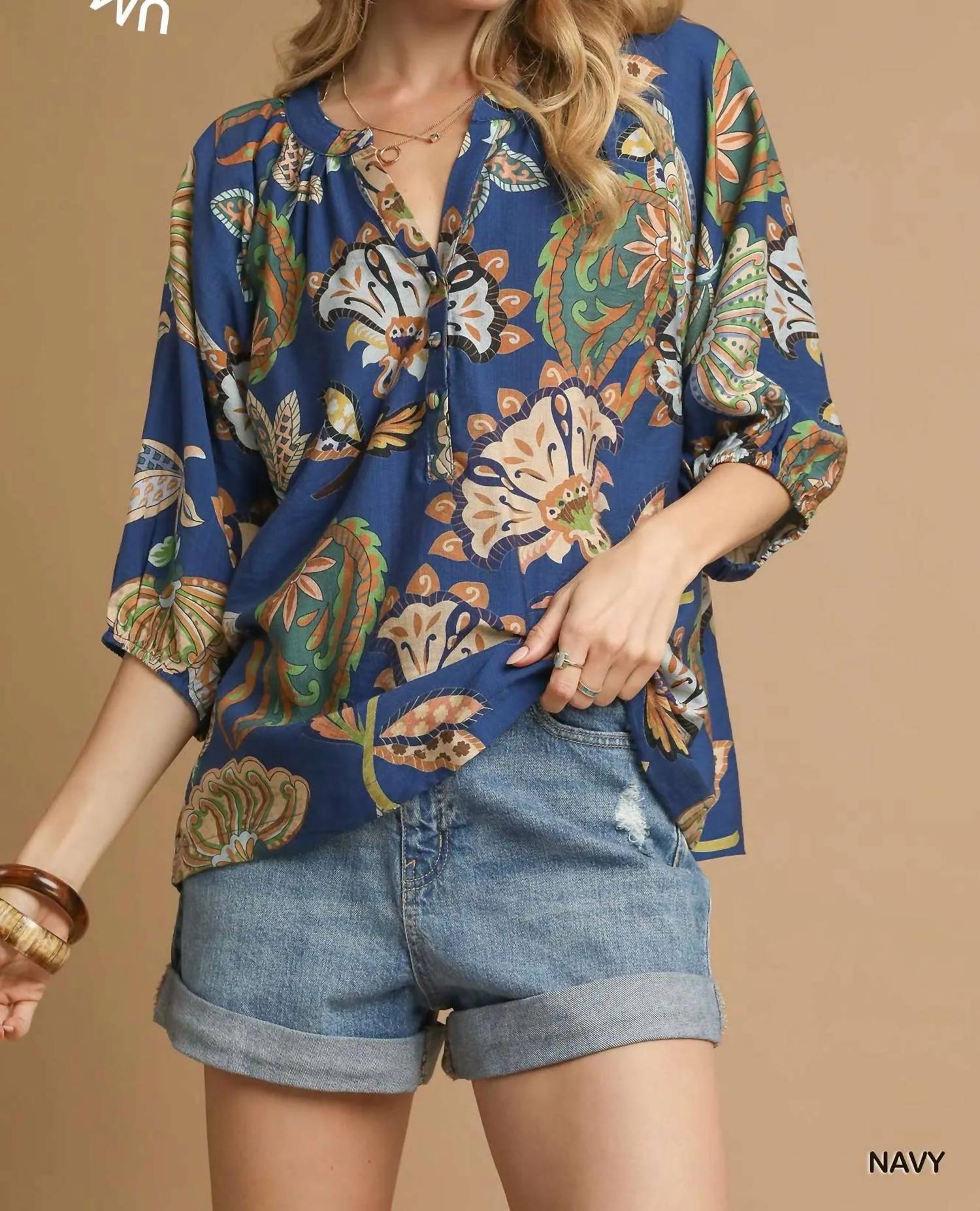 Umgee - Boho Paisley Puff Sleeve Blouse