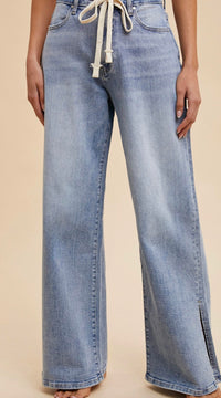 Anniewear - Waist Strap Detail Stretch Side Slit Wide Leg Jean