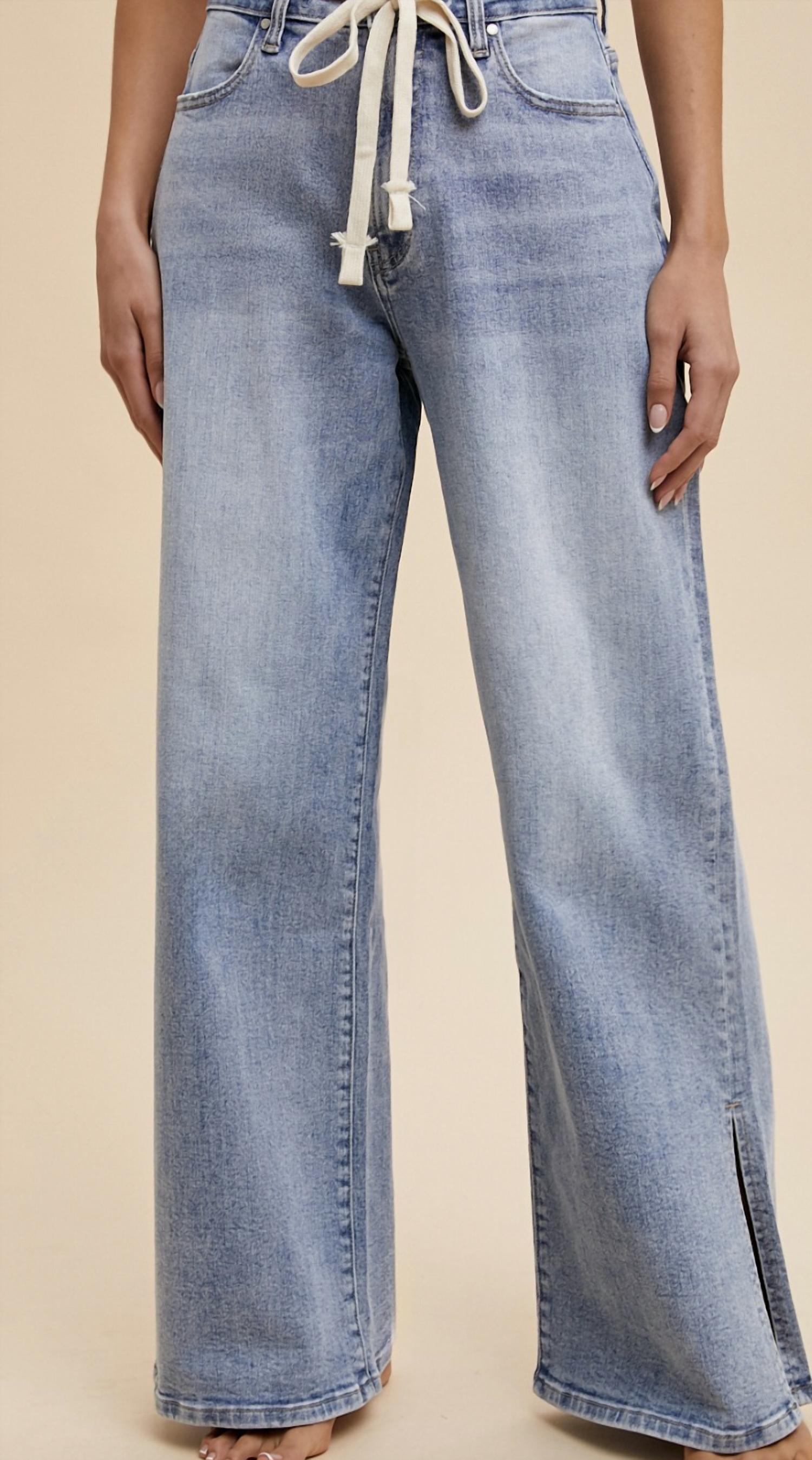 Anniewear - Waist Strap Detail Stretch Side Slit Wide Leg Jean