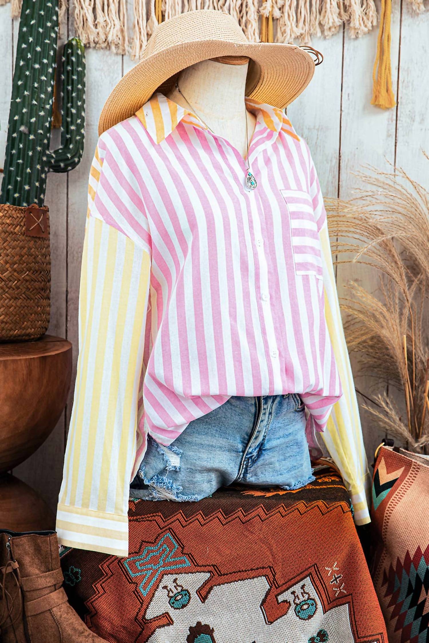fashionworks Stripe Collar Patchwork Long Sleeve Shirt in pink - women's long sleeve top - view 8