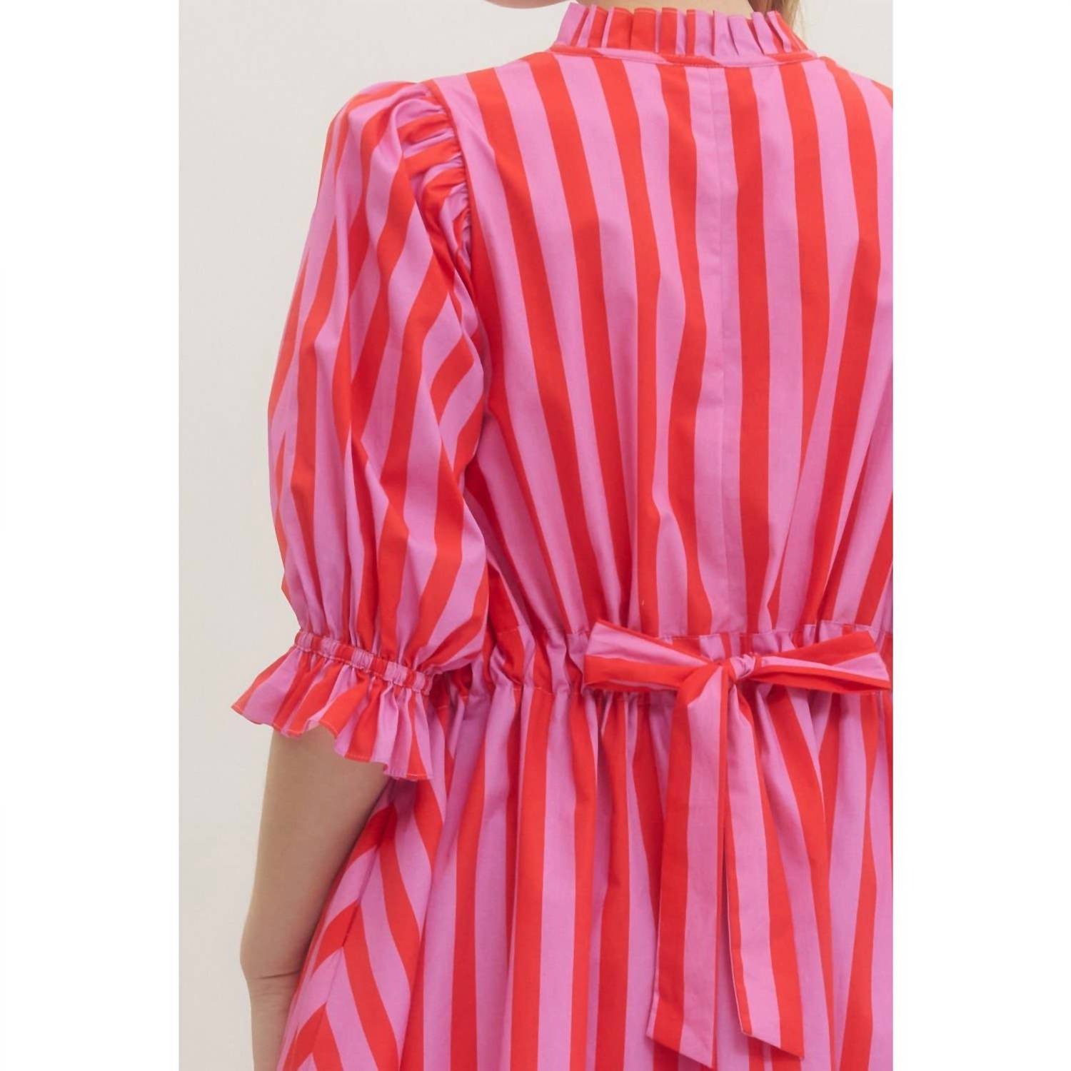 Style USA Striped Puff Sleeve Mini Dress in pink - women's dress - view 7