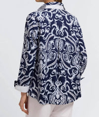 Foxcroft Agnes Printed Damask Long Sleeve Shirt in blue - women's shirt - detail view