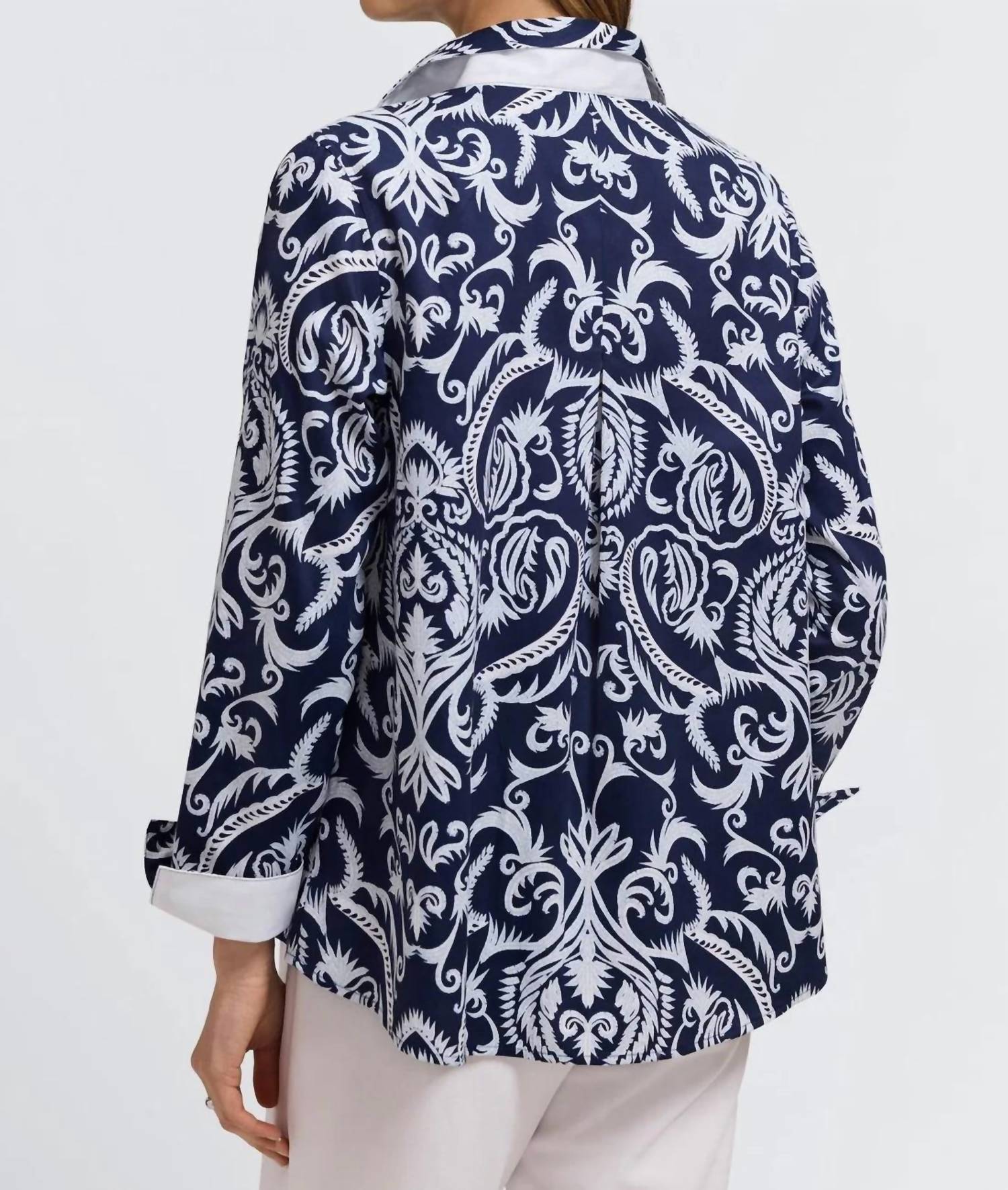 Foxcroft Agnes Printed Damask Long Sleeve Shirt in blue - women's shirt - detail view