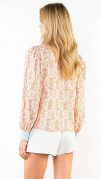 THML Women's Long Sleeve Floral Contrast Trim Top in pastel multi - women's blouse - detail view