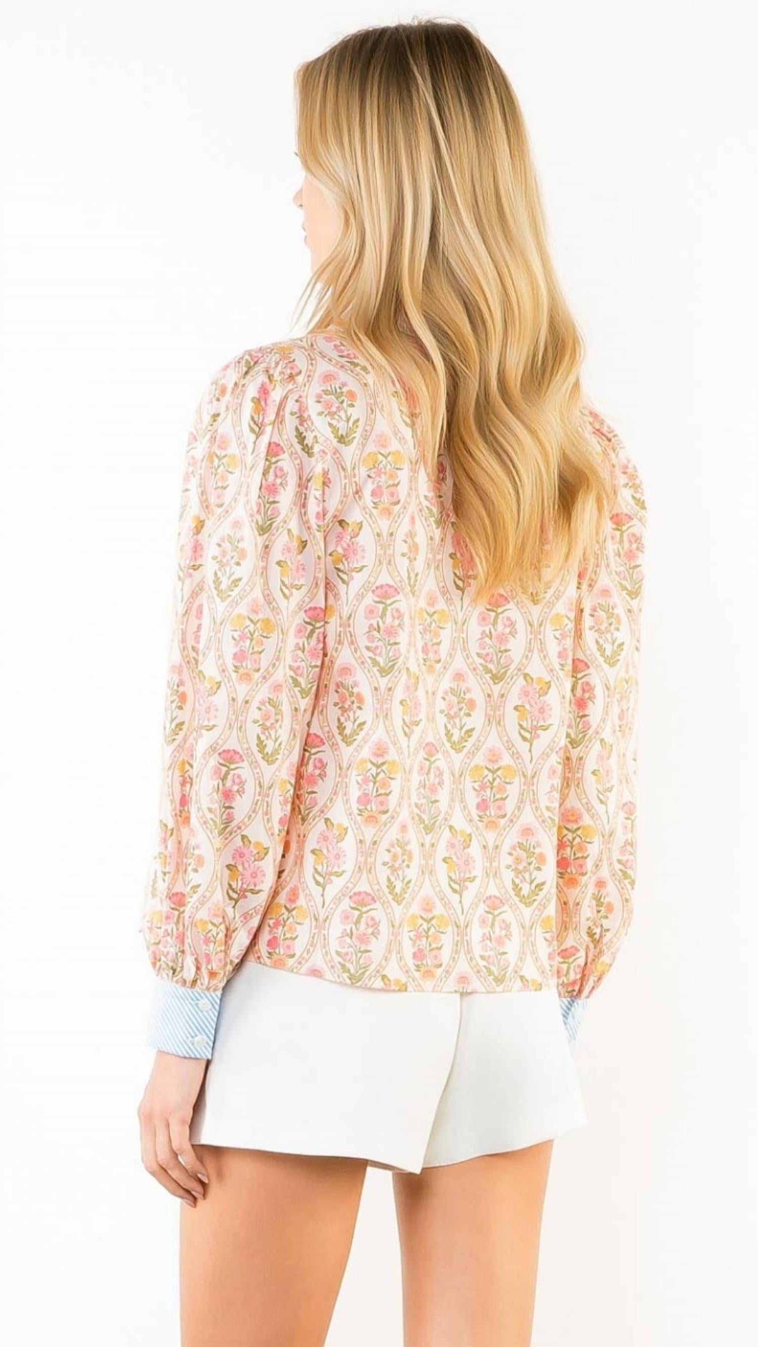 THML Women's Long Sleeve Floral Contrast Trim Top in pastel multi - women's blouse - detail view
