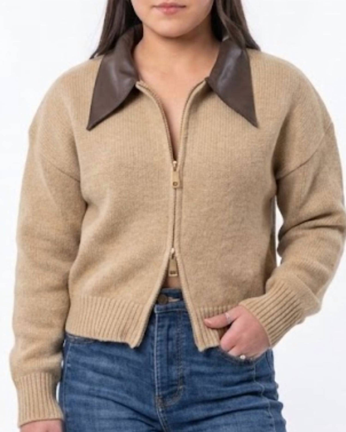 Ee:Some - Double Zip Faux Leather Collared Sweater Jacket