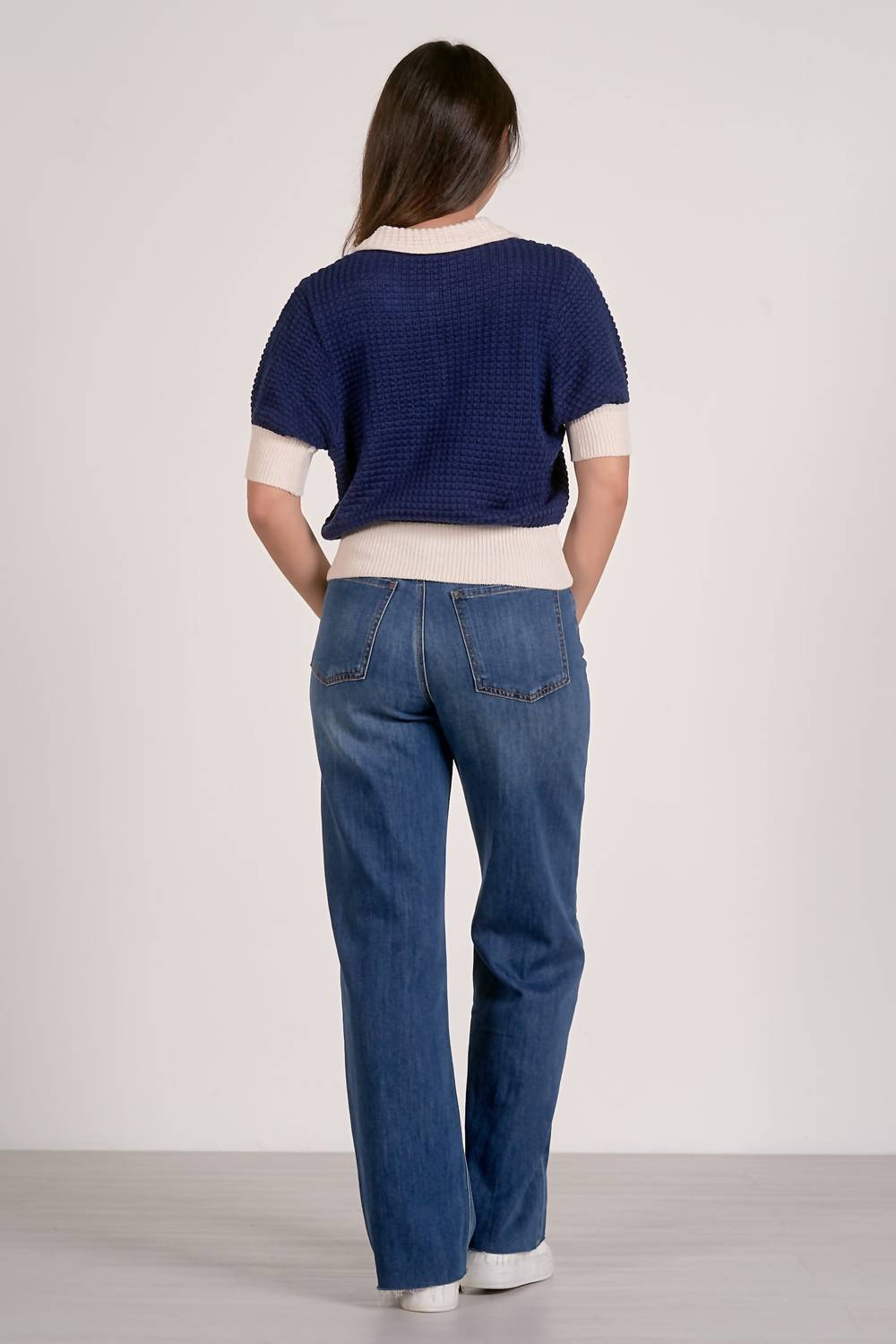 ELAN 3/4 Sleeve Collar Sweater Top in blue - women's sweater - detail view