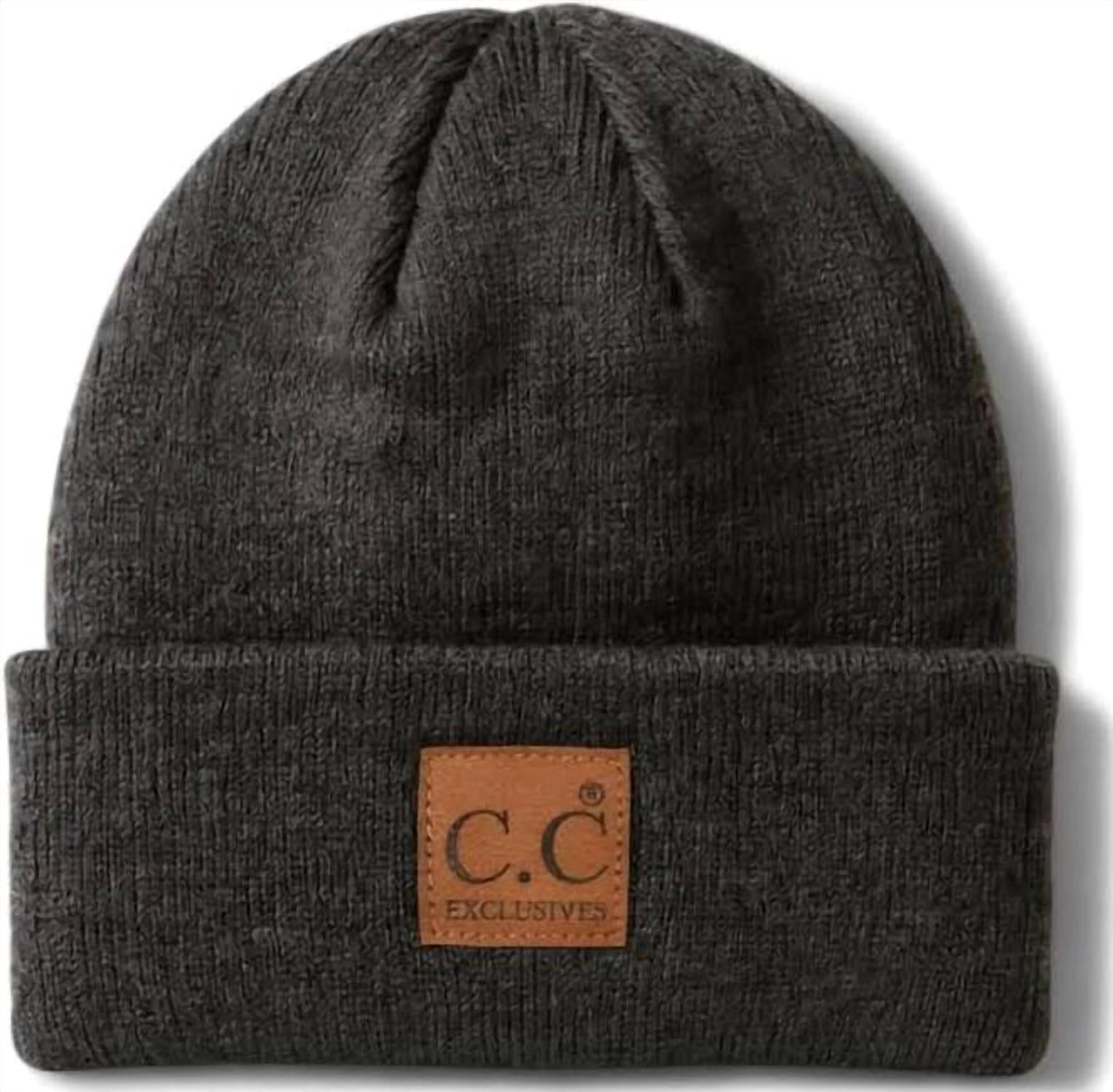 C.C - Unisex Soft Ribbed Leather Patch Beanie