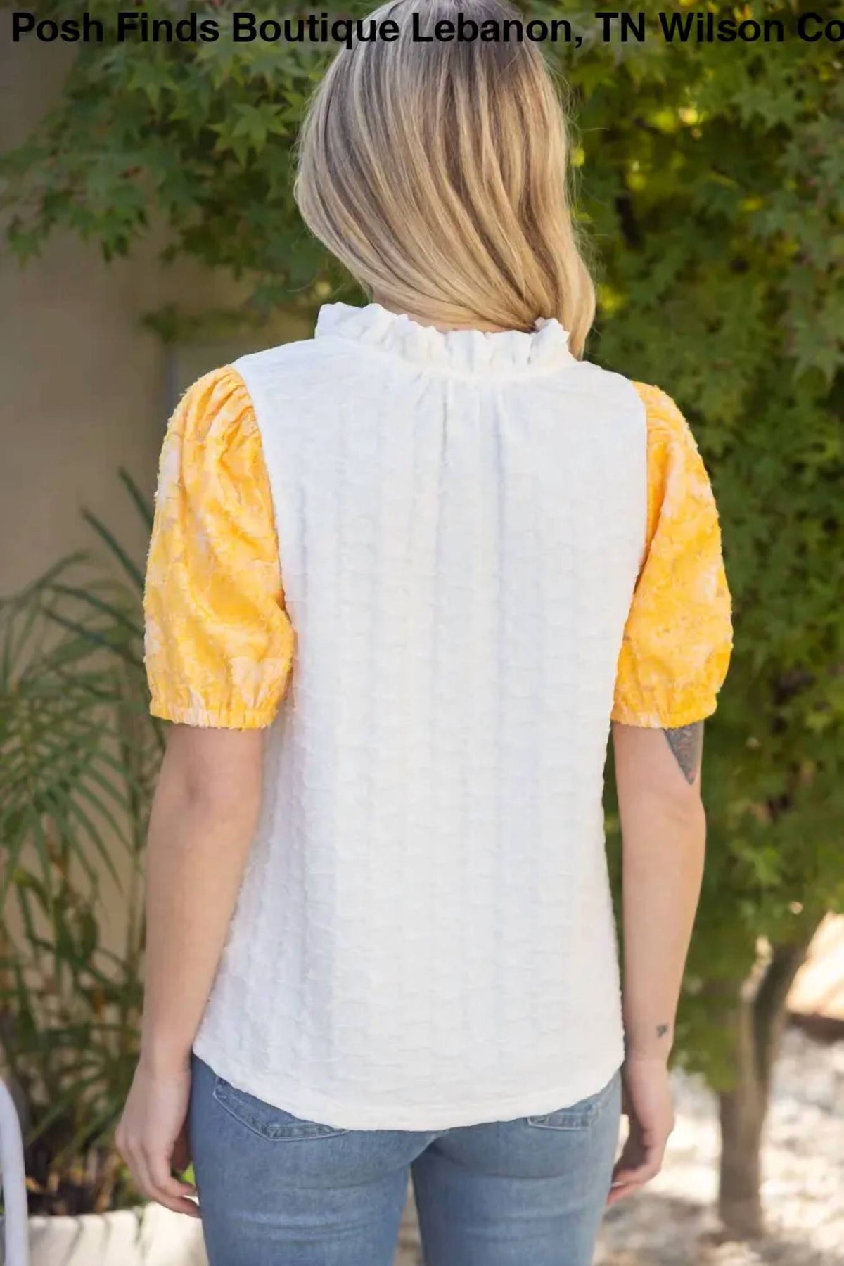 Voy - Women's Floral Burn Out Organza Puff Sleeve Top