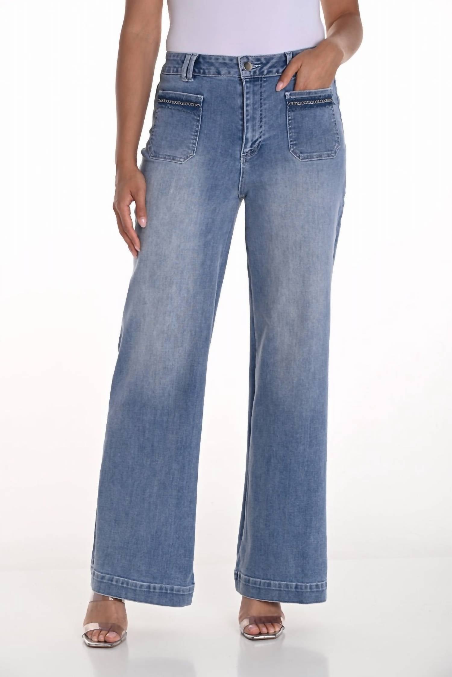 Frank Lyman Waverly Woven Denim Pant With Chain Detailing in blue - women's pants
