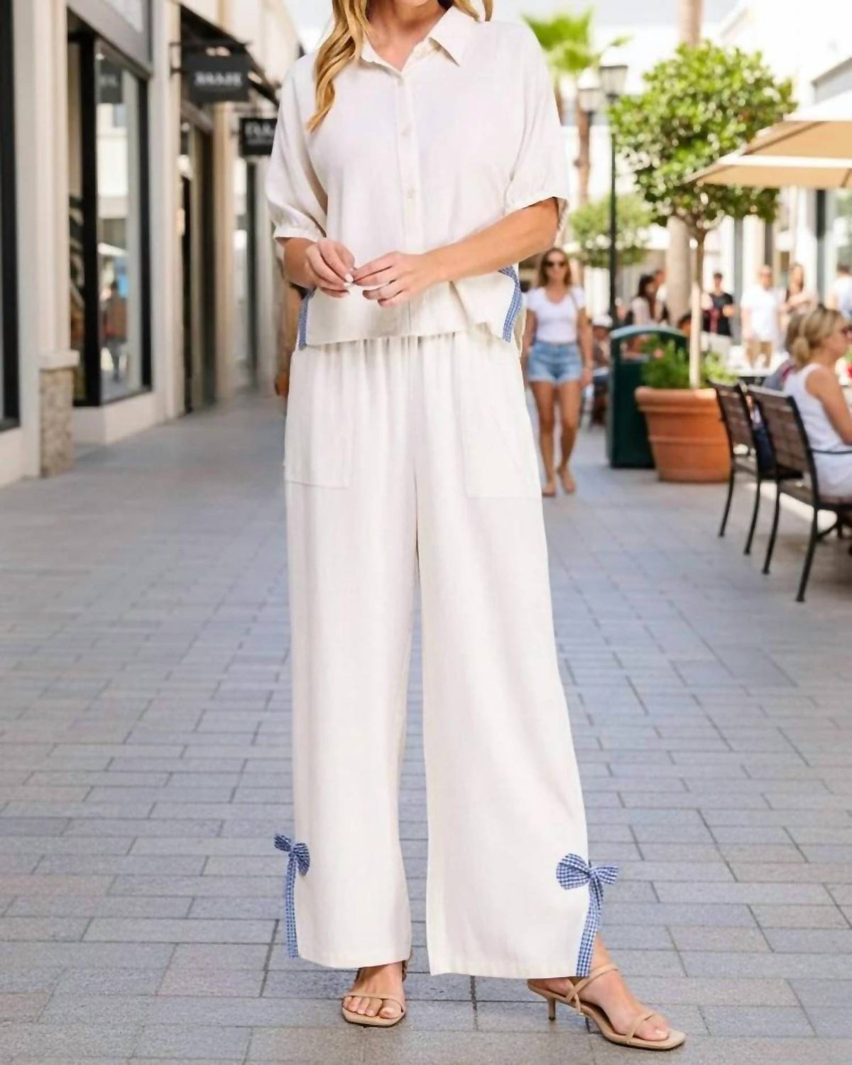 Allie Rose - Alessandra Linen Gingham Bow Shirt & Pant Set