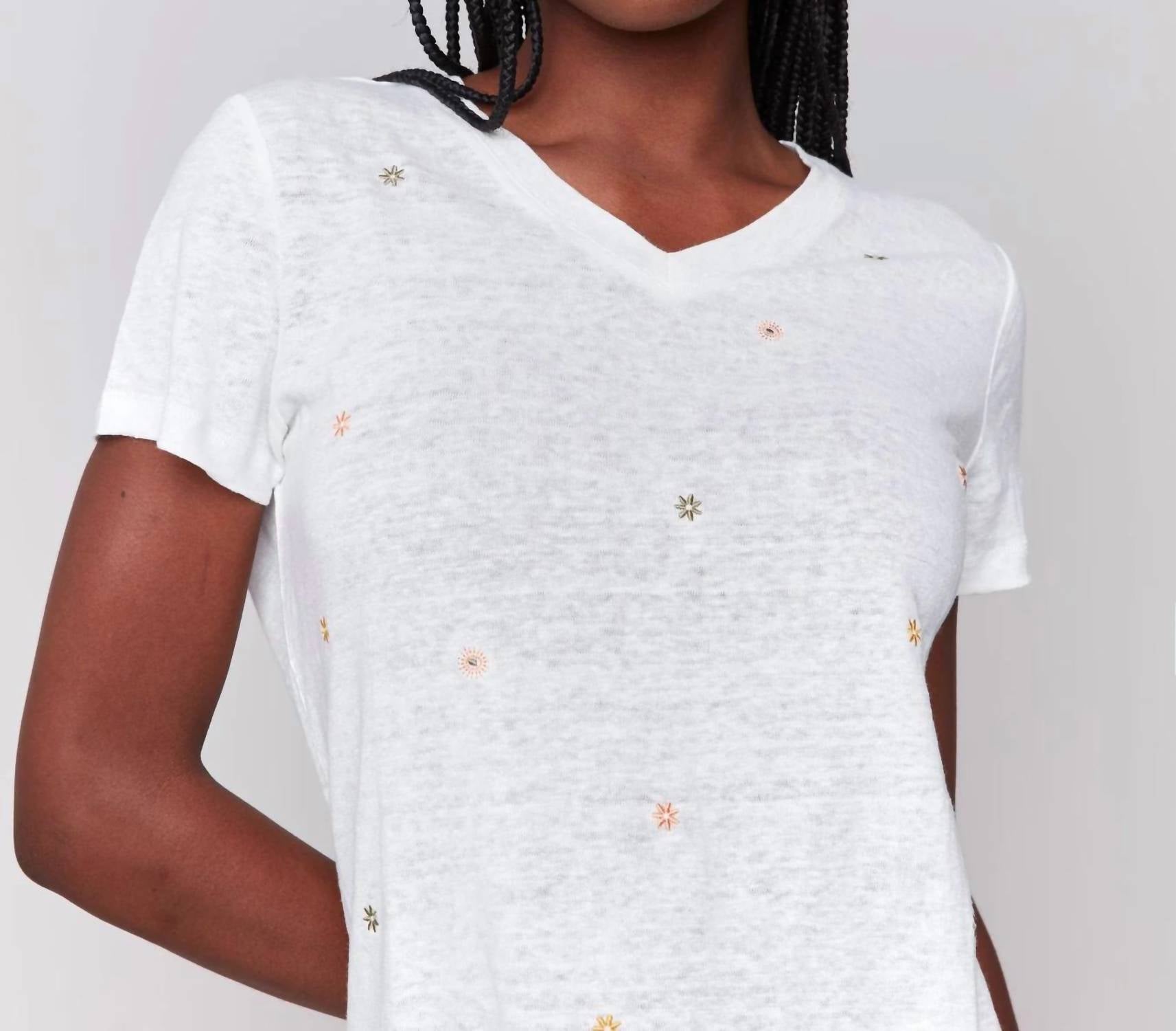 CHARLIE B Short Sleeve Tee With Embroidered Flowers in multi on natural - women's t-shirt - view 4