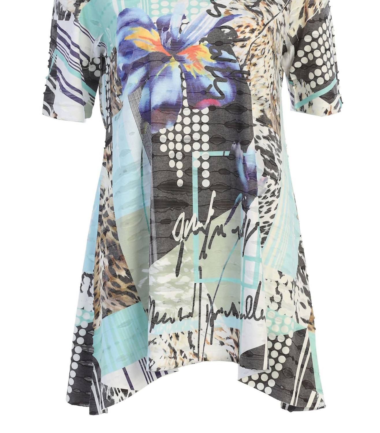 Jess & Jane Women's Iris Double Knit Cold Shoulder Top in colorful sublimation - women's blouse