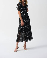 Joseph Ribkoff Chiffon Dot Print Wrap Dress in black vanilla - women's dress - detail view