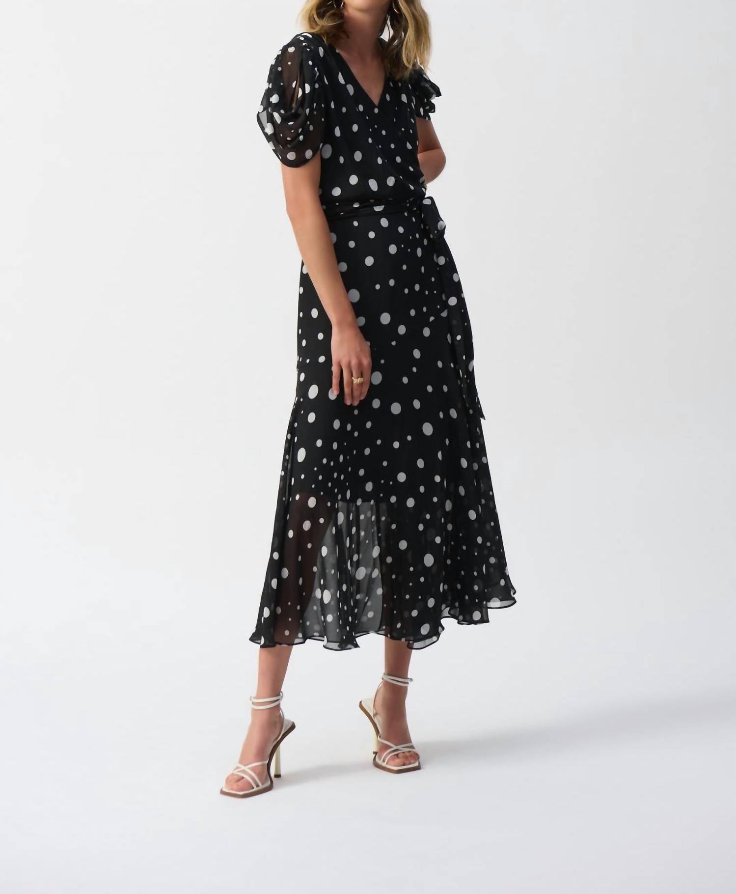 Joseph Ribkoff Chiffon Dot Print Wrap Dress in black vanilla - women's dress - detail view
