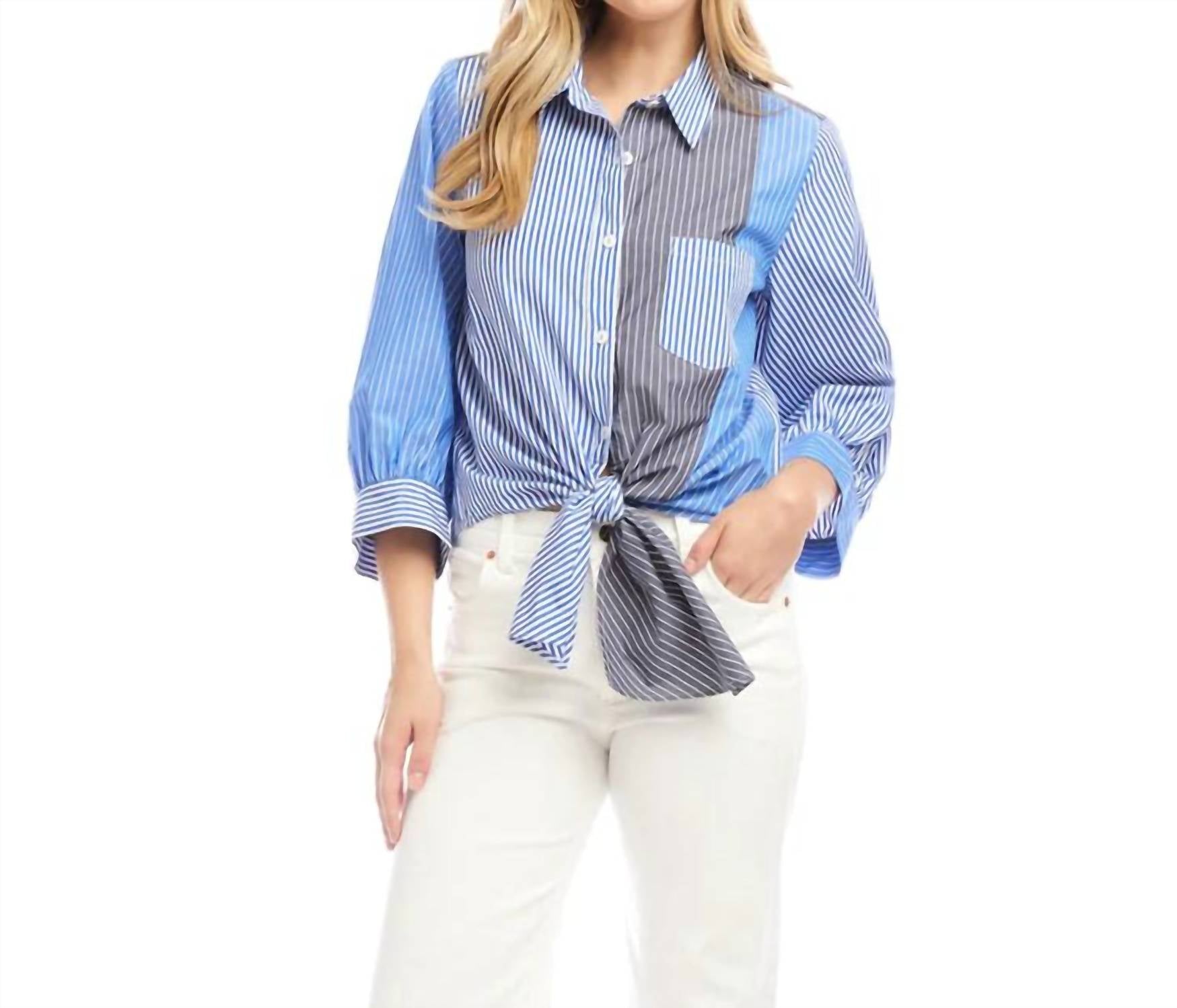 Karen Kane - Bo Blouson Sleeve Mixed Stripe Tie-front Top