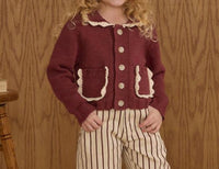 Rylee + Cru Collared Cardigan in burgundy 1 - kids' sweater - detail view