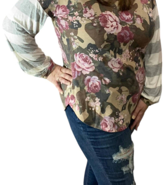 Honeyme - Camo and Floral Puff Sleeve Top