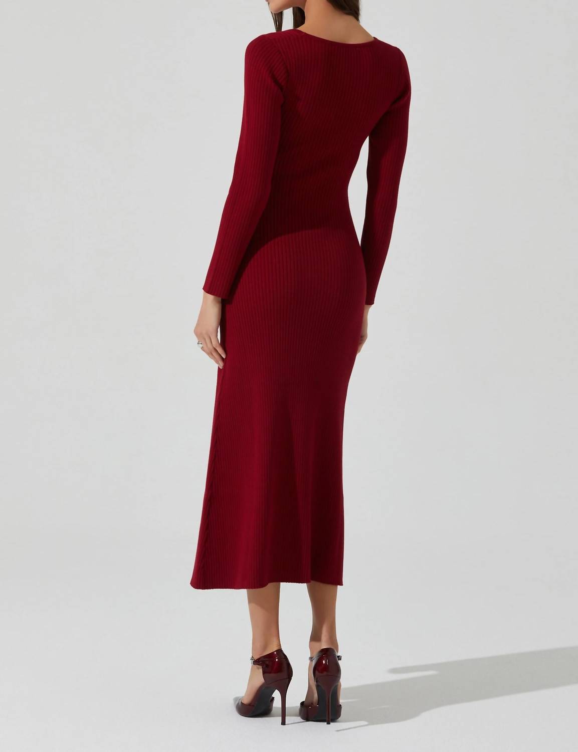ASTR Long Sleeve Ribbed Sweater Dress in red cherry - women's dress - detail view