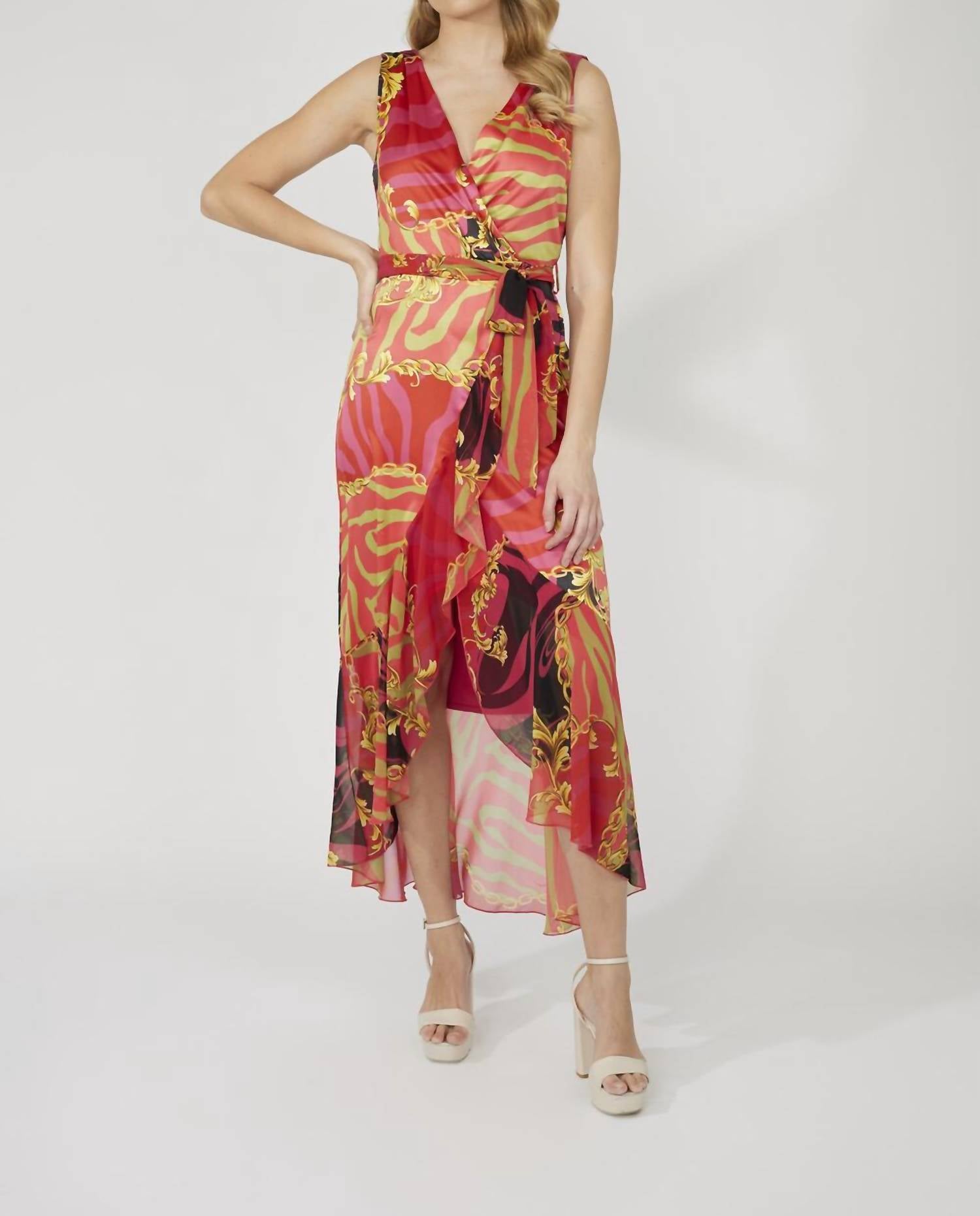 Frank Lyman Maxi Wrap Dress With Belt in pink red - women's dress
