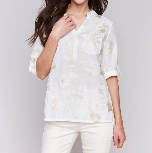Charlie B - Embroidered 3/4 Sleeve Popover Top