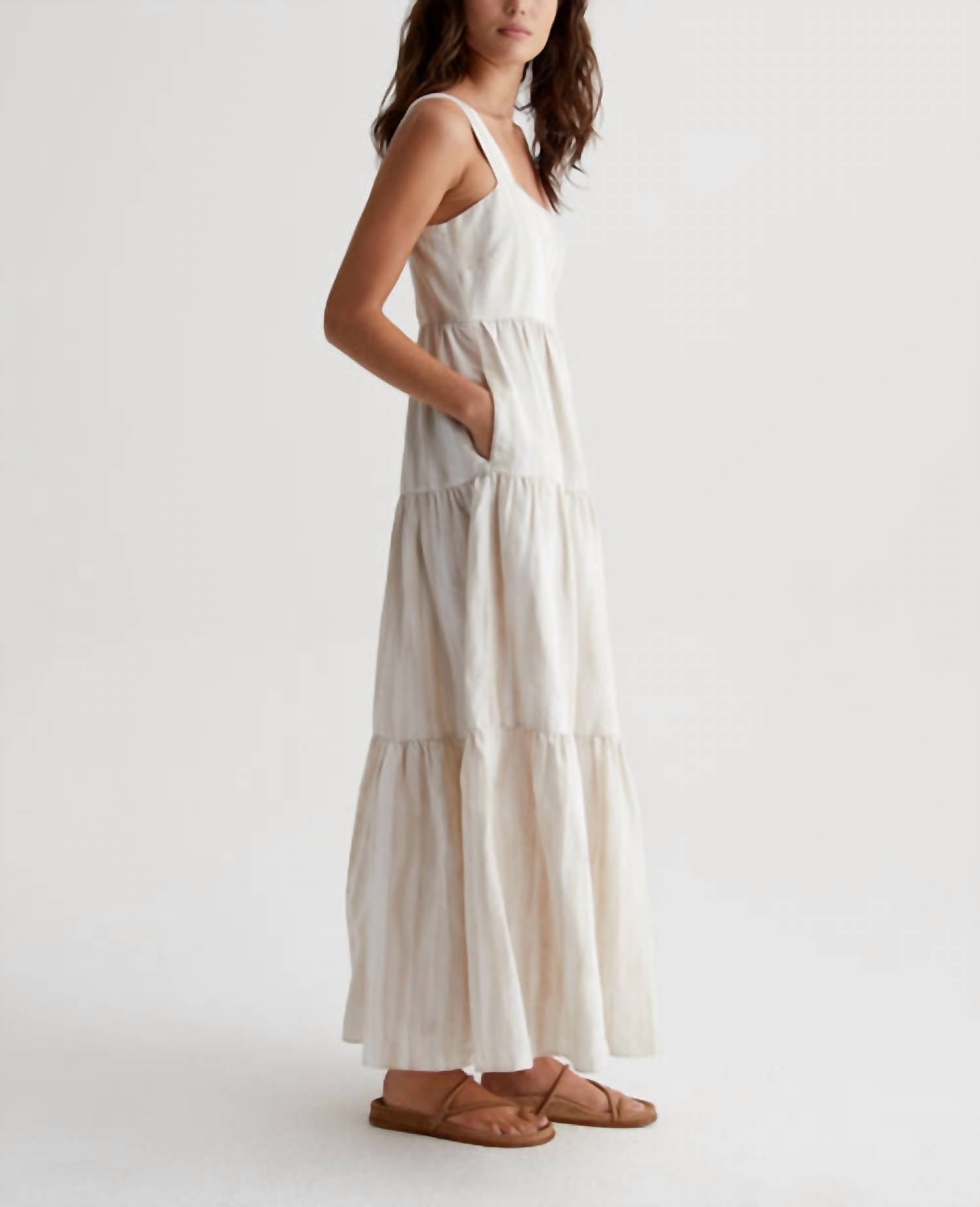 AG Jeans Audree Relaxed Linen Maxi Dress in brush strokes beige multi - women's dress - detail view