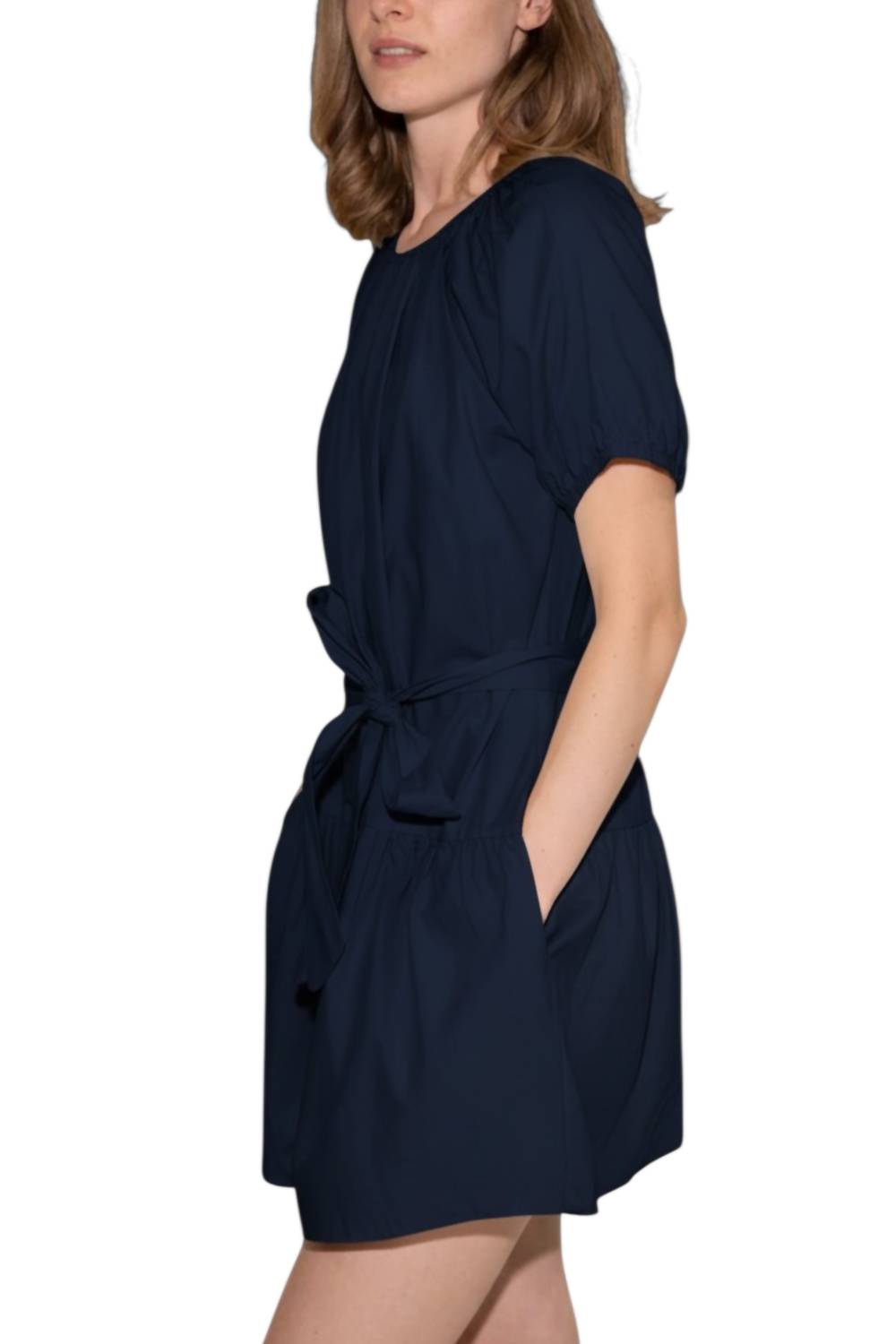 STARKx Adri Cotton Poplin Mini Dress in marine navy - women's dress - detail view